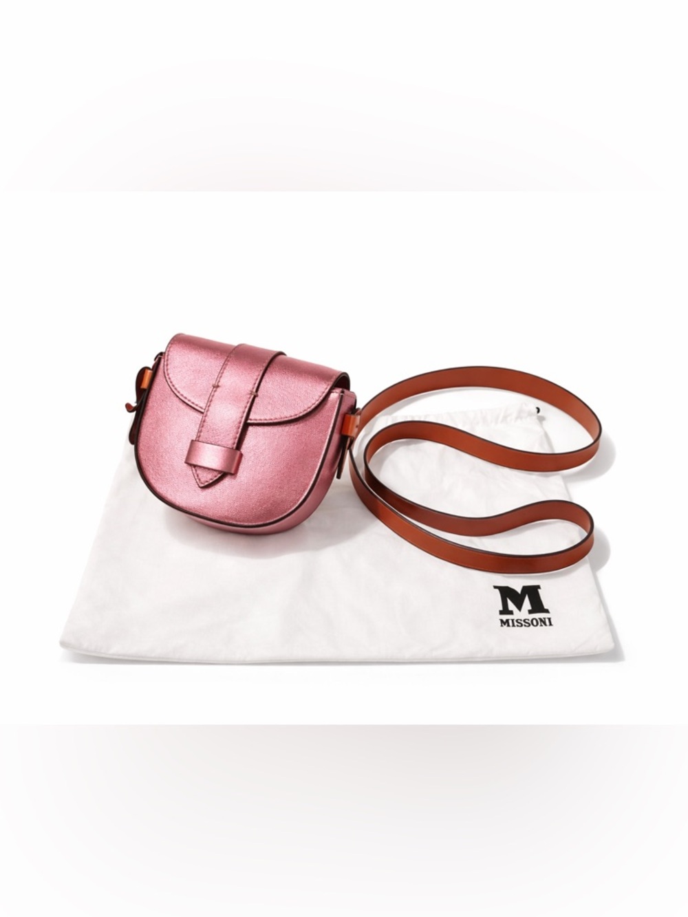 Authentic! New Missoni Metallic Rose Pink Leather Crossbody with Brown Strap